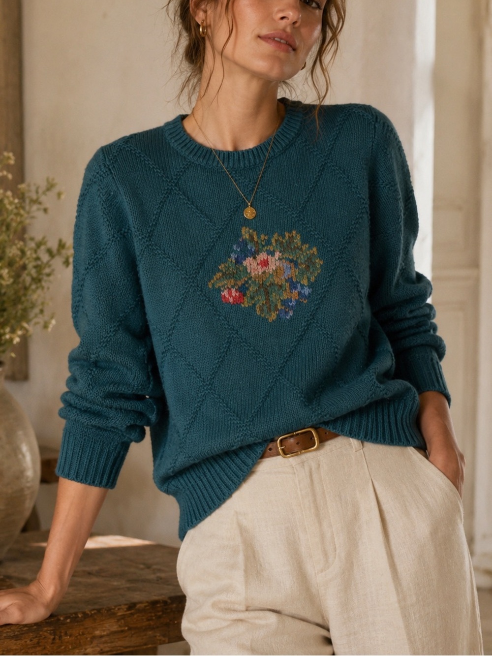 Herman Geist Hand Embroidered Teal Floral Sweater XS Vintage Linen Cotton